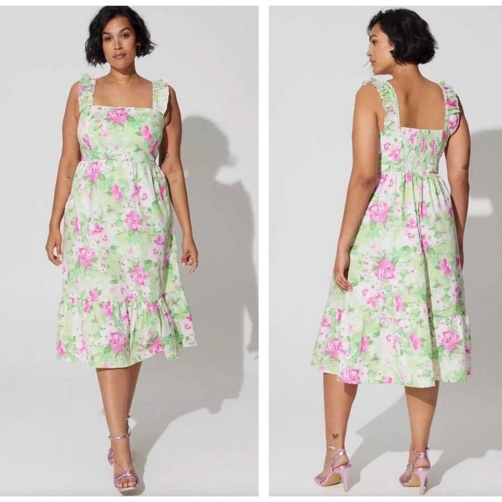 124d. Torrid Poplin Tiered Ruffle Strap Green Floral Midi Dress Size (1) 1X